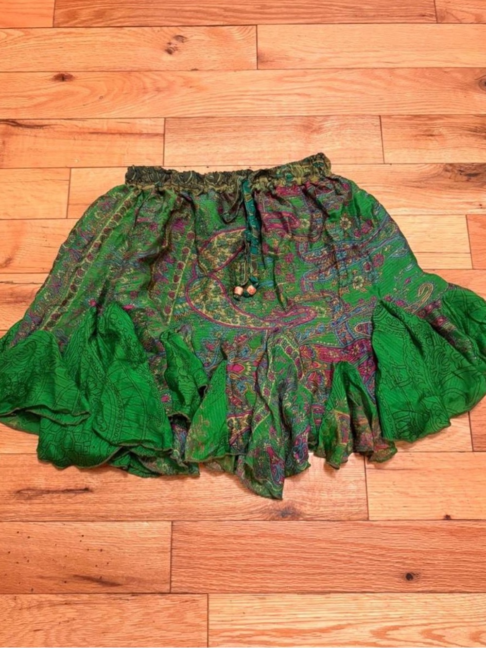 Green Paisley Silk Tiered Mini Skirt
